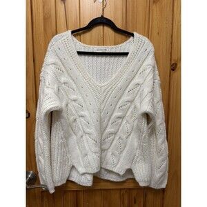 Anthropologie Ramona Chunky Cable Knit V-Neck Sweater SZ Small Ivory Alpaca Blnd